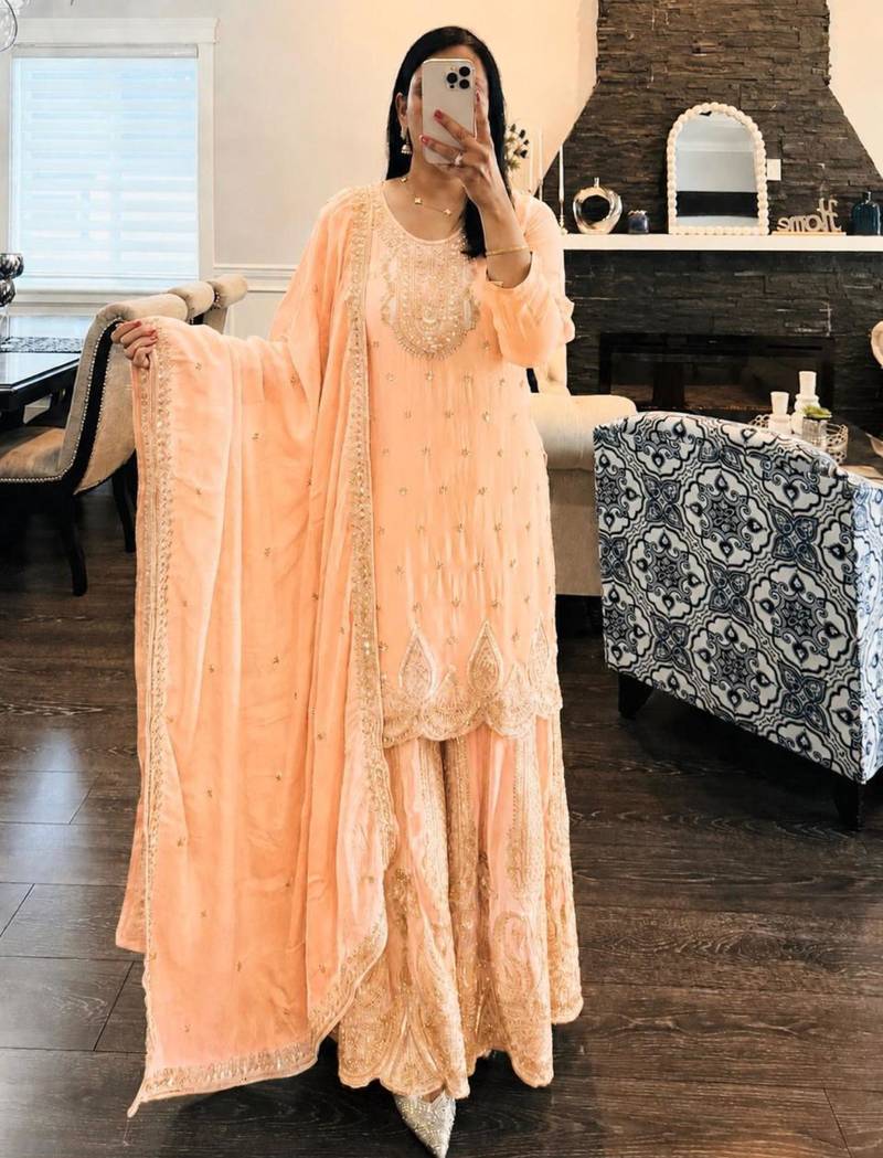 Peach faux georgette embroidered sharara set