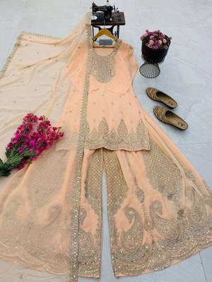 Peach faux georgette embroidered sharara set 2