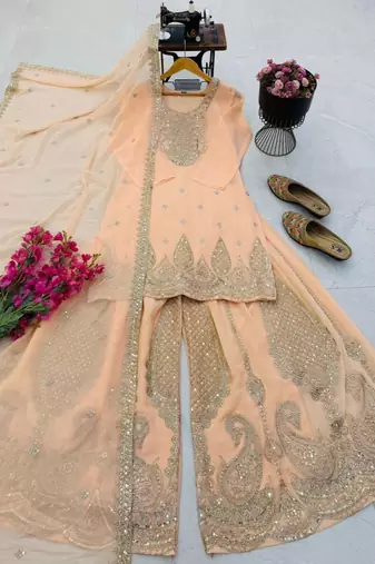 Peach faux georgette embroidered sharara set