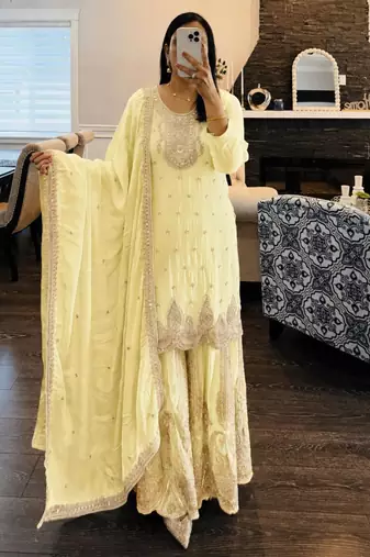Yellow faux georgette embroidered sharara set