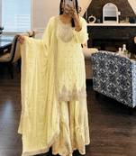 Yellow faux georgette embroidered sharara set