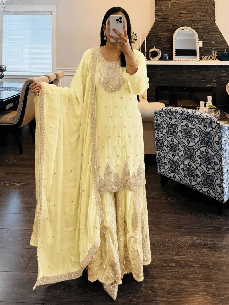 Yellow faux georgette embroidered sharara set