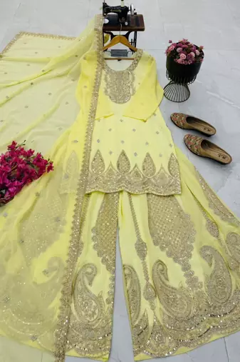 Yellow faux georgette embroidered sharara set