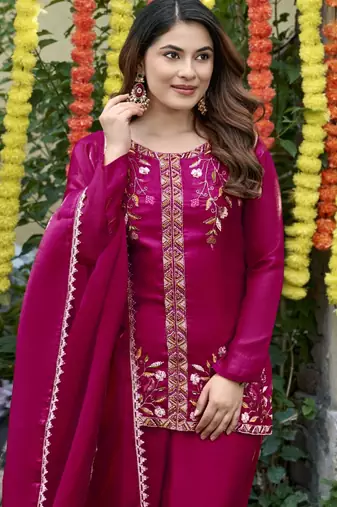 Rani-pink silk blend embroidered sharara set