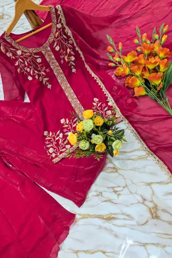 Rani-pink silk blend embroidered sharara set