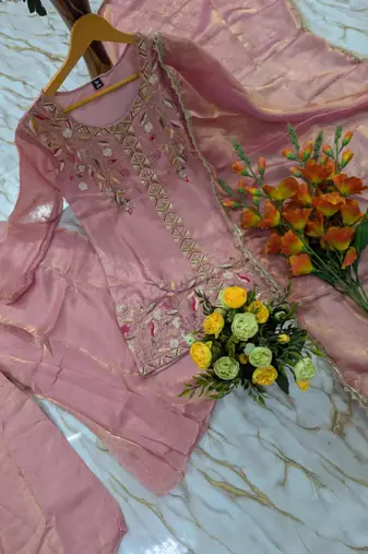 Pink silk blend embroidered sharara set