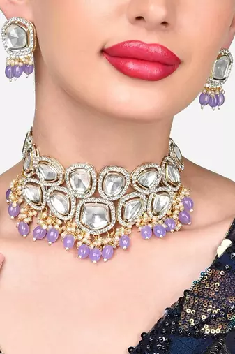 Gold plated white kundan studded lavender purple beaded choker necklace set with earrings for women