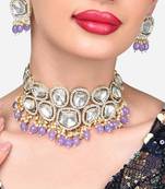 Gold plated white kundan studded lavender purple beaded choker necklace set with earrings for women