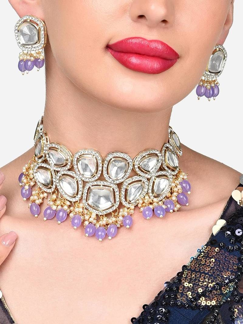 Gold plated white kundan studded lavender purple beaded choker necklace set with earrings for women