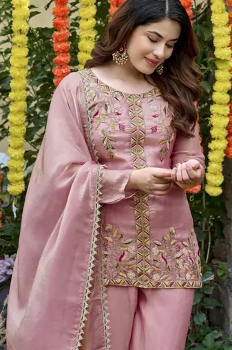 Pink silk blend embroidered sharara set