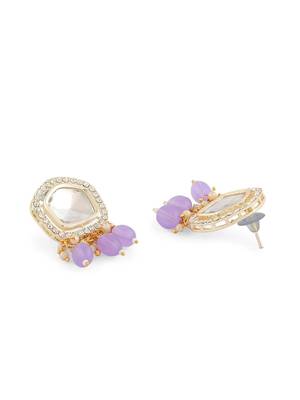 Gold plated white kundan studded lavender purple beaded choker necklace set with earrings for women 2