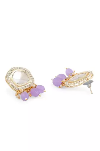 Gold plated white kundan studded lavender purple beaded choker necklace set with earrings for women