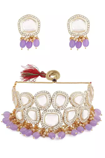 Gold plated white kundan studded lavender purple beaded choker necklace set with earrings for women