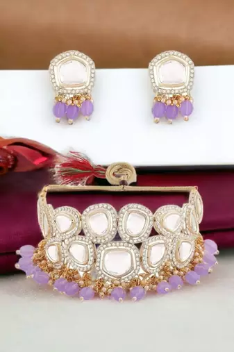 Gold plated white kundan studded lavender purple beaded choker necklace set with earrings for women
