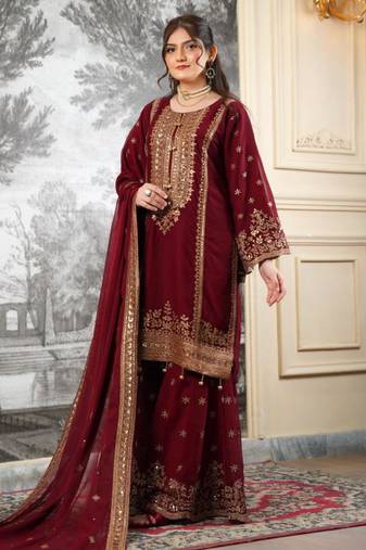 Wine silk blend embroidered sharara set