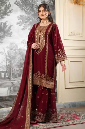 Wine silk blend embroidered sharara set