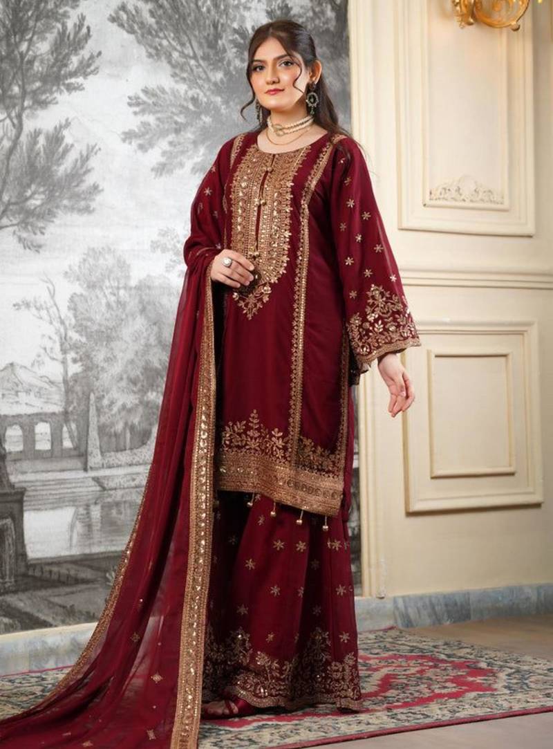 Wine silk blend embroidered sharara set