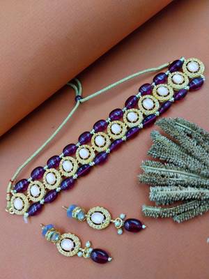 Gold plated pink & wine beaded kundan choker necklace set with matching drop earrings for women 1