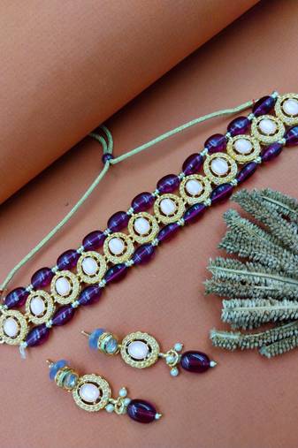 Gold plated pink & wine beaded kundan choker necklace set with matching drop earrings for women