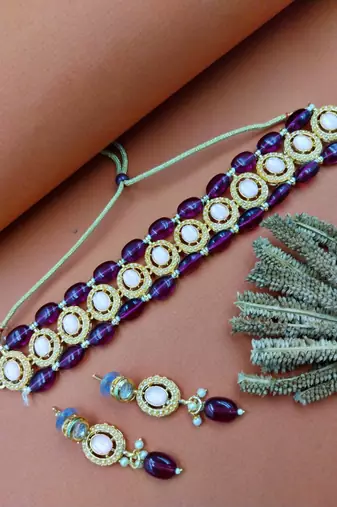 Gold plated pink & wine beaded kundan choker necklace set with matching drop earrings for women