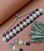 Gold plated pink & wine beaded kundan choker necklace set with matching drop earrings for women