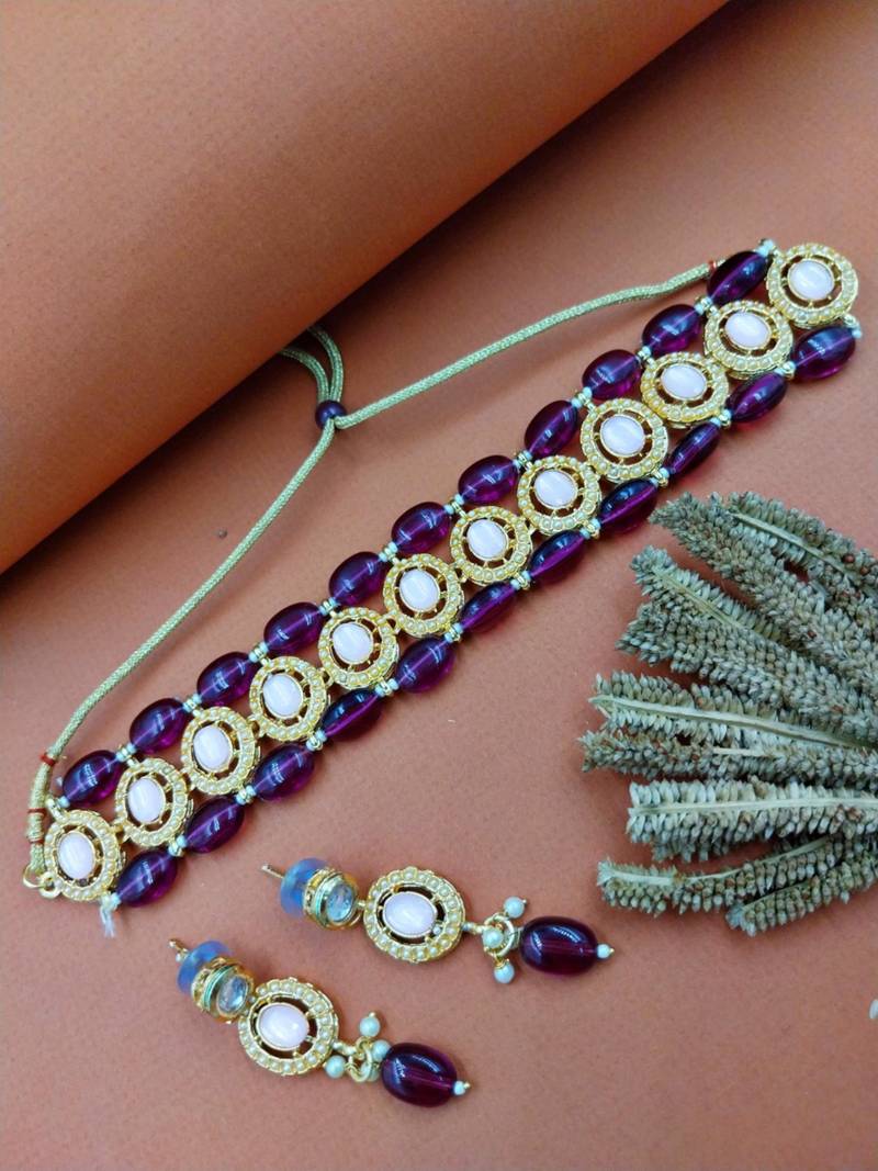 Gold plated pink & wine beaded kundan choker necklace set with matching drop earrings for women