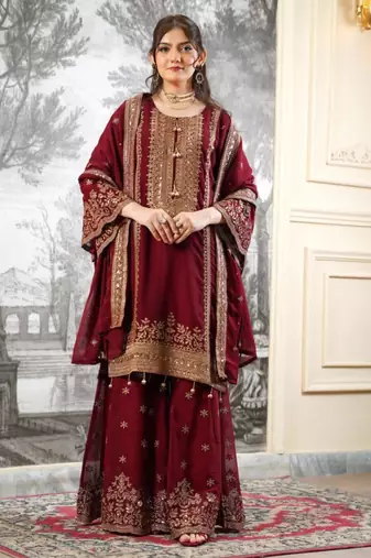Wine silk blend embroidered sharara set