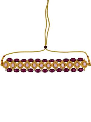 Gold plated pink & wine beaded kundan choker necklace set with matching drop earrings for women 2