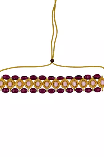 Gold plated pink & wine beaded kundan choker necklace set with matching drop earrings for women