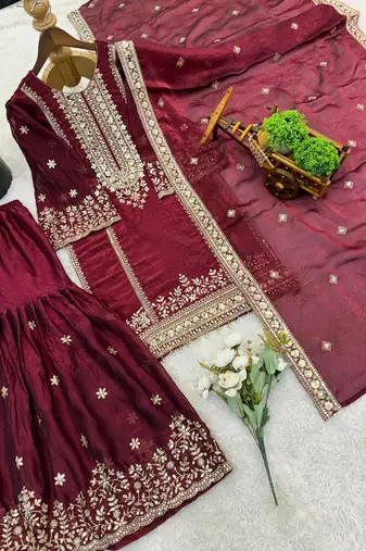 Wine silk blend embroidered sharara set