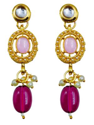 Gold plated pink & wine beaded kundan choker necklace set with matching drop earrings for women 3