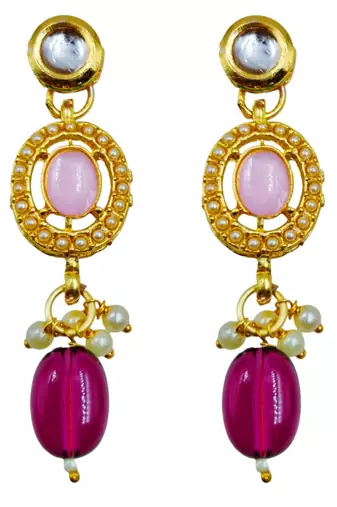 Gold plated pink & wine beaded kundan choker necklace set with matching drop earrings for women