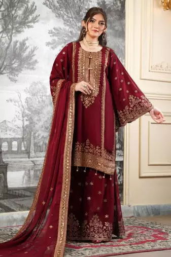 Wine silk blend embroidered sharara set