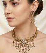 Antique gold plated peacock motif multicolor stone studded temple choker necklace set with matching jhumka