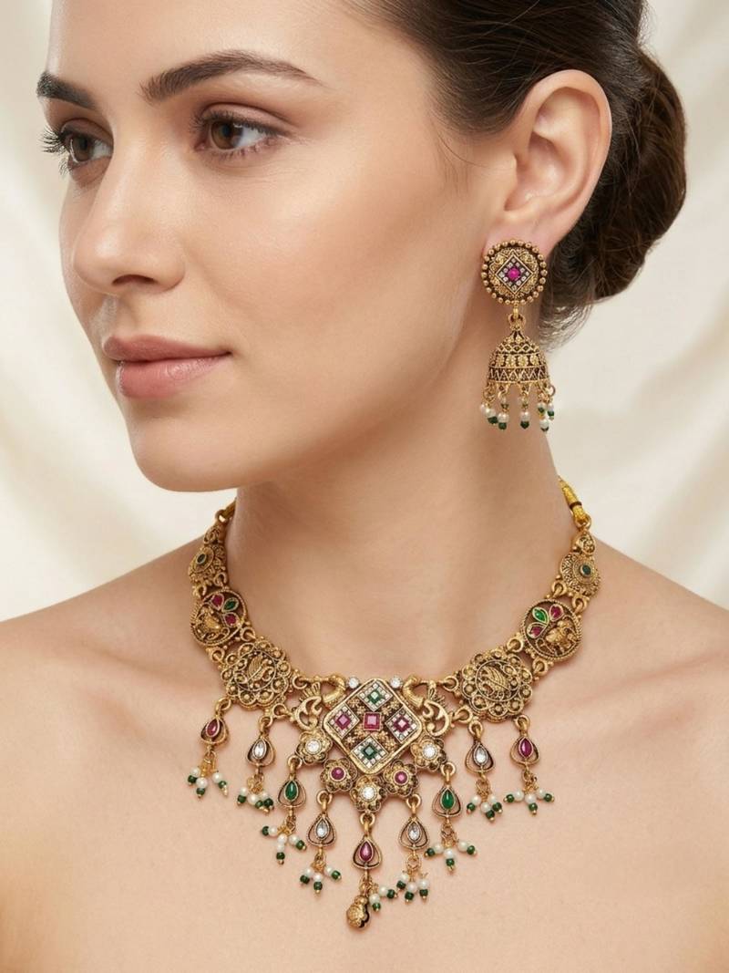 Antique gold plated peacock motif multicolor stone studded temple choker necklace set with matching jhumka