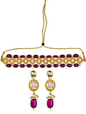 Gold plated pink & wine beaded kundan choker necklace set with matching drop earrings for women 4