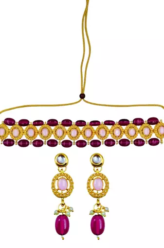Gold plated pink & wine beaded kundan choker necklace set with matching drop earrings for women