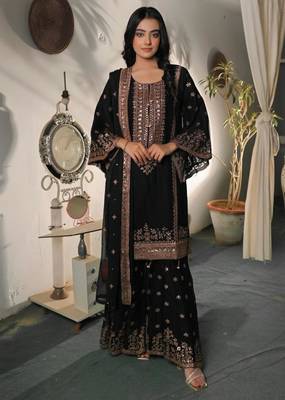 Black silk blend embroidered sharara set 1