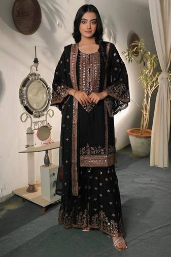 Black silk blend embroidered sharara set