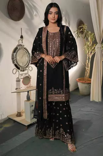 Black silk blend embroidered sharara set