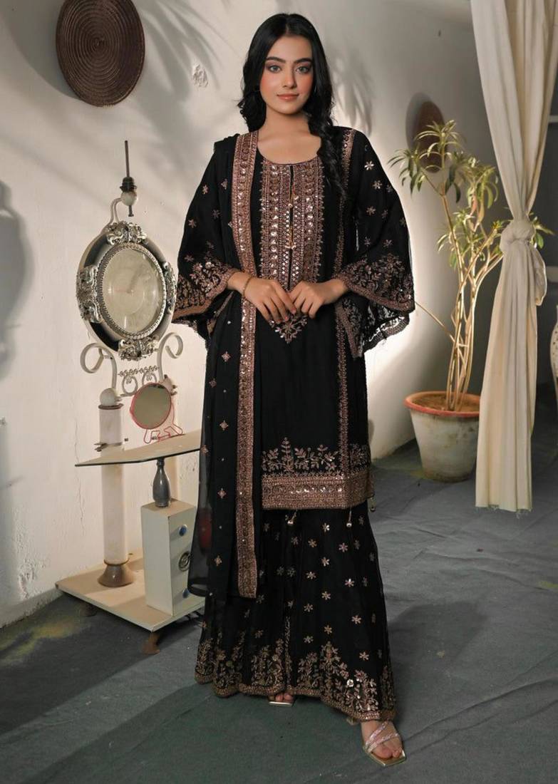 Black silk blend embroidered sharara set