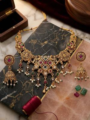 Antique gold plated peacock motif multicolor stone studded temple choker necklace set with matching jhumka 2