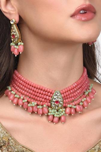 Gold plated pink beaded kundan choker necklace set with matching drop earrings for women & girls