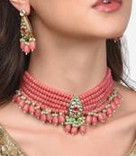 Gold plated pink beaded kundan choker necklace set with matching drop earrings for women & girls