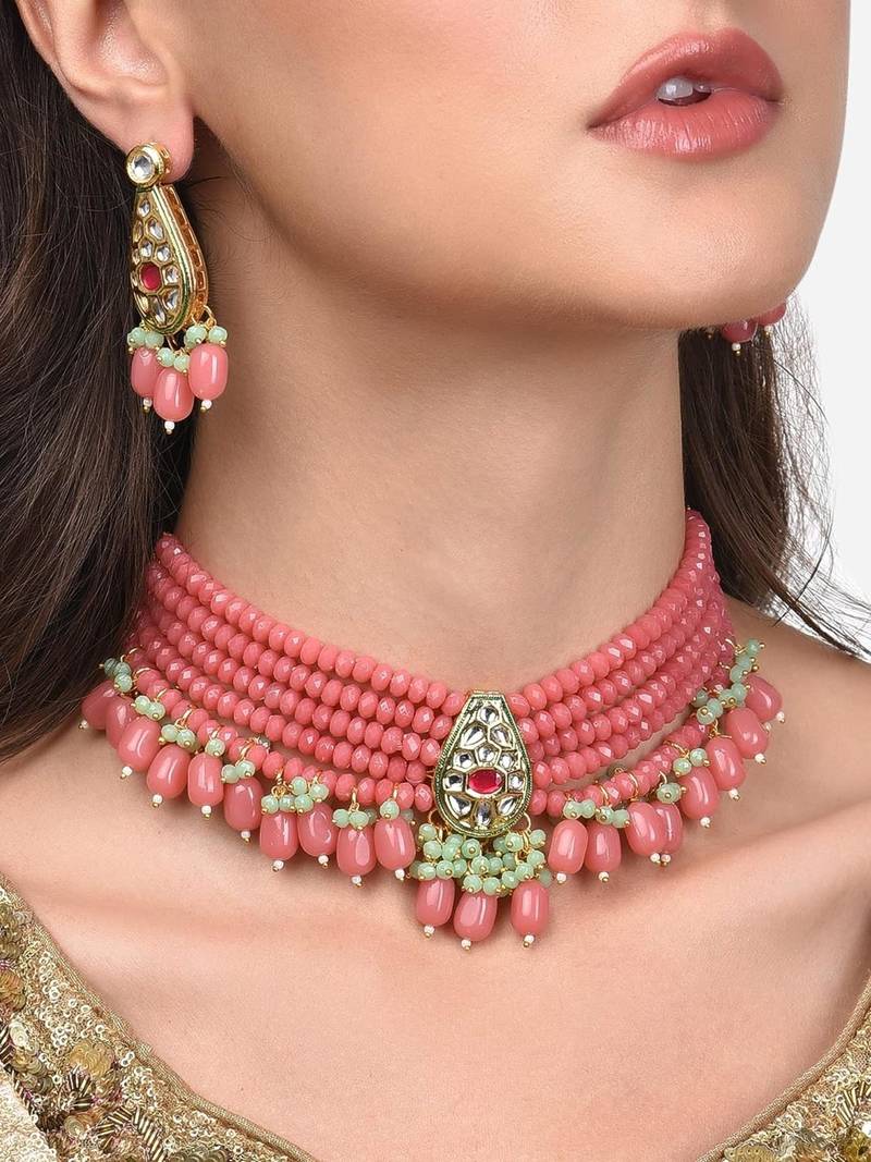 Gold plated pink beaded kundan choker necklace set with matching drop earrings for women & girls