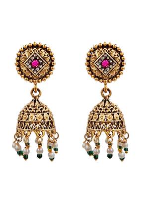 Antique gold plated peacock motif multicolor stone studded temple choker necklace set with matching jhumka 3