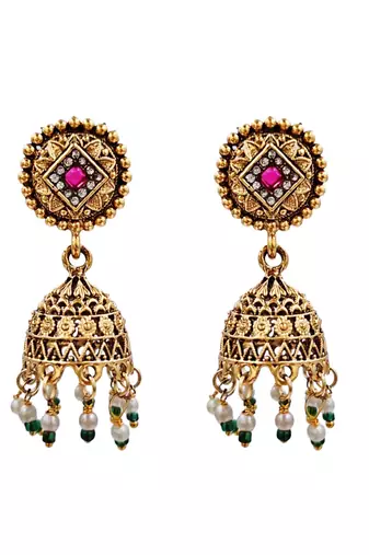 Antique gold plated peacock motif multicolor stone studded temple choker necklace set with matching jhumka