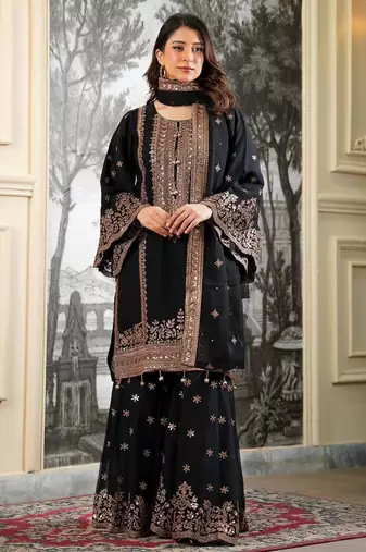 Black silk blend embroidered sharara set