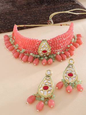 Gold plated pink beaded kundan choker necklace set with matching drop earrings for women & girls 2