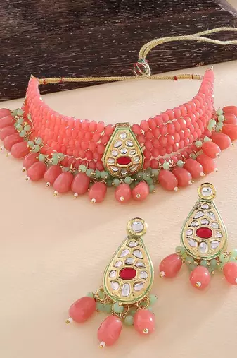 Gold plated pink beaded kundan choker necklace set with matching drop earrings for women & girls